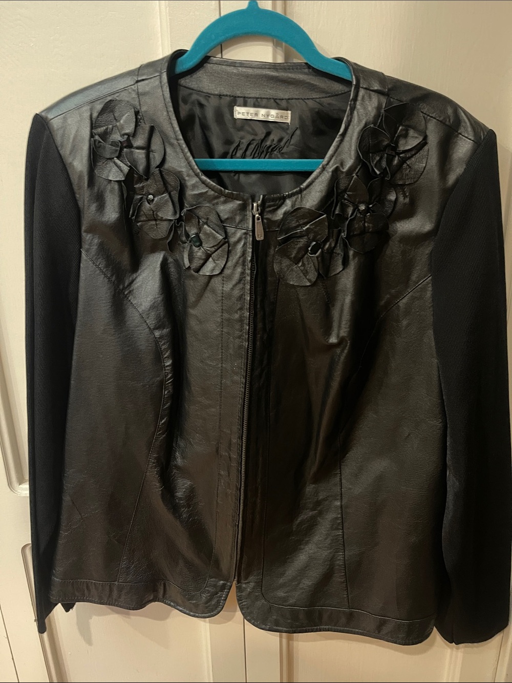 Peter Nygard Black Leather Jacket with Floral Appliqué